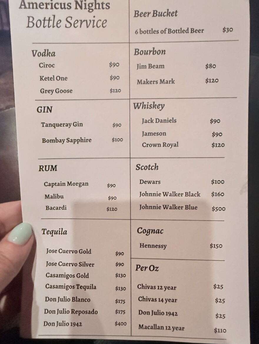 Bottle service Americus menu