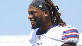 Buffalo Bills safety Damar Hamlin has been released from the hospital and has returned to Buffalo, doctors say. Here, Hamlin is shown prior to the start of the first half of a preseason NFL football game, Saturday, Aug. 28, 2021, in Orchard Park, N.Y.