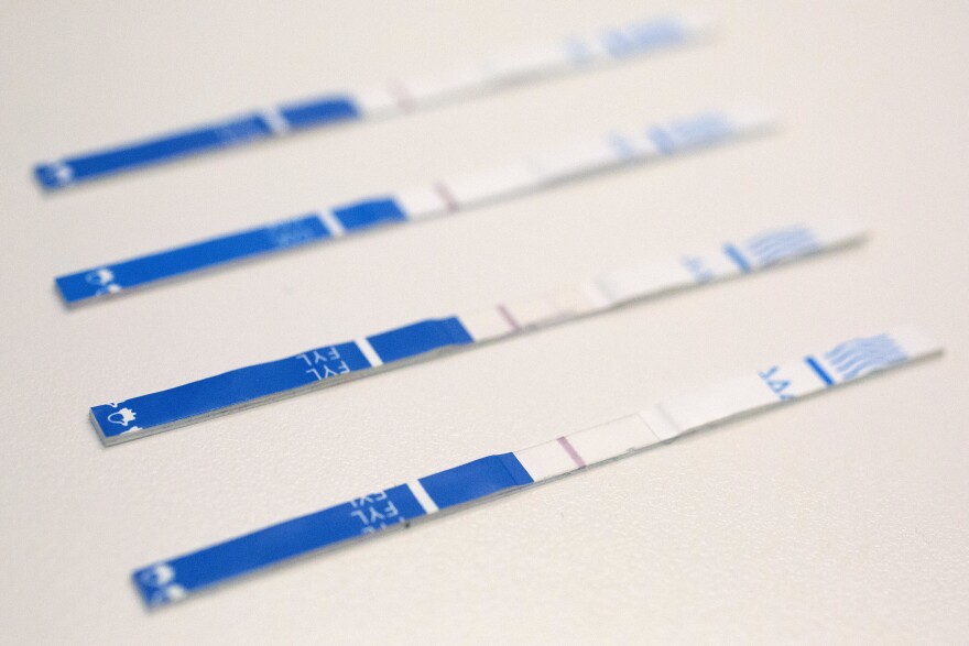 This May 10, 2018, file photo shows an arrangement of fentanyl test strips in New York. 