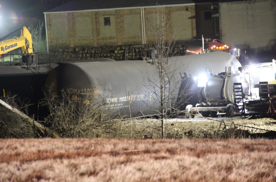 Rail cars at the cleanup site of the derailed Norfolk Southern train in East Palestine, February 15, 2023.  