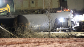 Rail cars at the cleanup site of the derailed Norfolk Southern train in East Palestine, February 15, 2023.