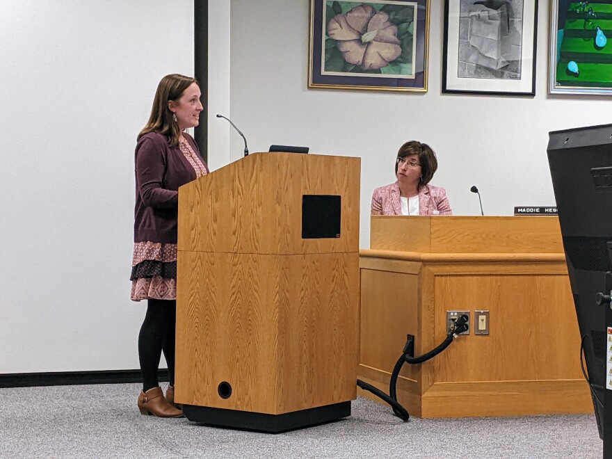 Reading interventionist at Jefferson Elementary Julie Zappile discussing her day to day work with Superintendent Kristen Campbell