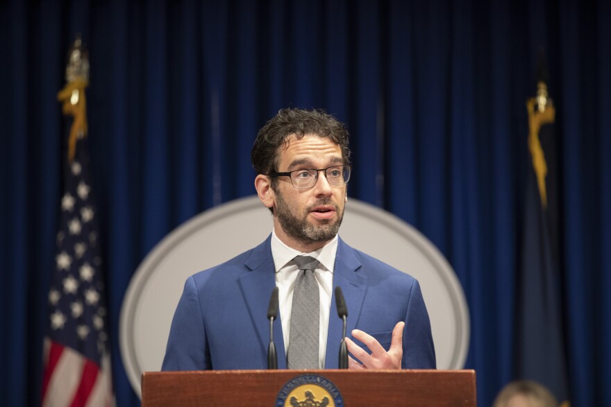 Representative Mike Schlossberg speaks with the press. Department of Human Services (DHS) Acting Secretary Meg Snead, Department of Health Acting Secretary Dr. Denise Johnson, and Representative Mike Schlossberg, joined together to highlight the national launch of the 988 Suicide and Crisis Lifeline that officially went live on July 16.