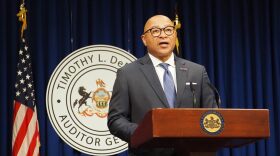 Auditor General Timothy DeFoor addresses the media at a press conference at the Pennsylvania state Capitol on Nov. 15, 2021.