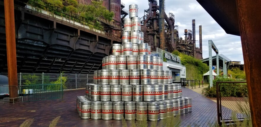 Oktoberfest beer kegs stacked at the ArtsQuest campus in Bethlehem