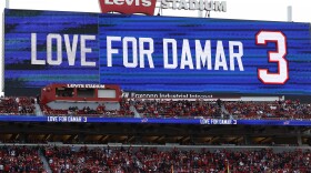 A video board at Levi's Stadium shows a message for Damar Hamlin during an NFL football game between the San Francisco 49ers and the Arizona Cardinals in Santa Clara, Calif., Sunday, Jan. 8, 2023.