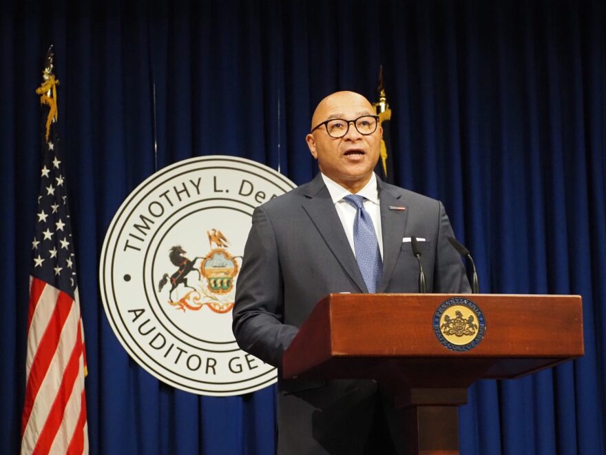 Auditor General Timothy DeFoor addresses the media at a press conference at the Pennsylvania state Capitol on Nov. 15, 2021.