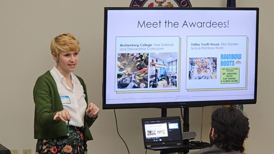 Woman in green sweater speaks standing next to screen displaying Youth Climate awardees