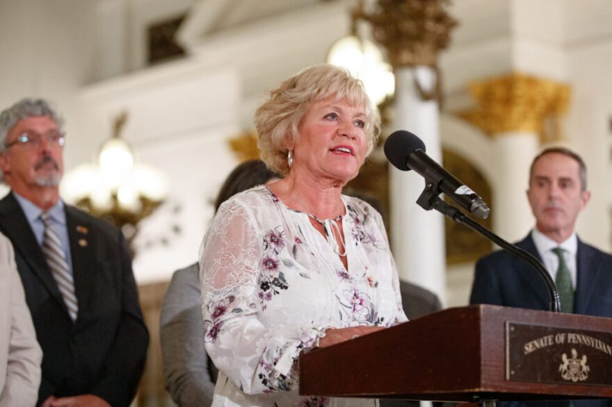 Lisa Boscola speaking at a podium marked "Senate of Pennsylvania"