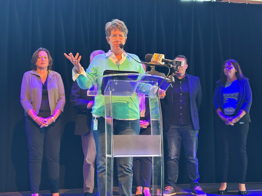ArtsQuest Chief Operating Office Kassie Hilgert speaks at a news conference at Musikfest Cafe at ArtsQuest Center
