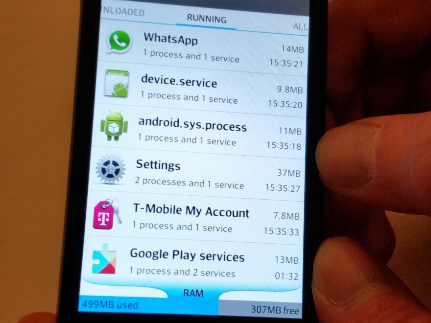Cyberstalking victims often don't know they're being tracked through their own phone because spyware apps like mSpy use misleading labels (labeled "android.sys.process" here) and don't take up much data.