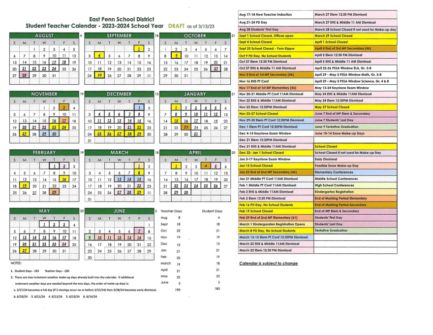 2023-2024 East Penn Student Teacher Calendar