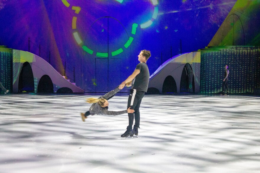 Two Disney on Ice performers practicing