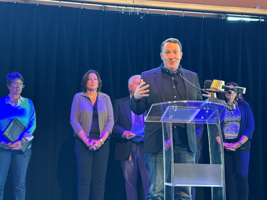 ArtsQuest Senior Programming Manager Patrick Brogan speaks at a news conference at Musikfest Cafe at SteelStacks