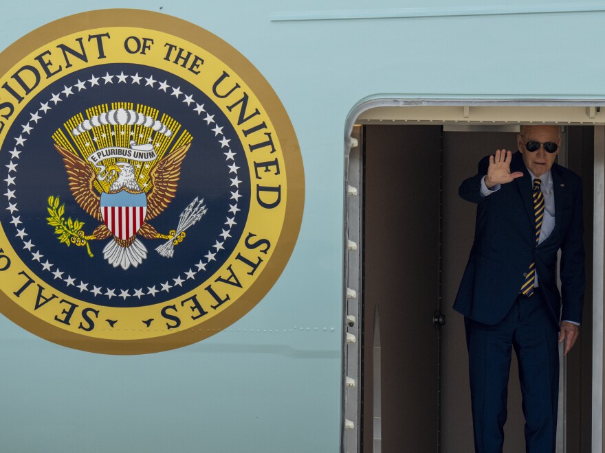 President Biden waves from Air Force One on July 6, 2023 at Andrews Air Force Base, Md. He is expected to arrive in the Lehigh Valley