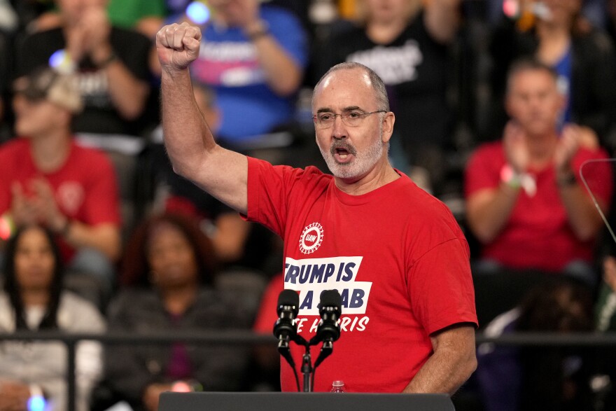 UAW President Shawn Fain in 2023 photo. He is scheduled to headline a rally for Kamala Harris in Allentown on Sunday.