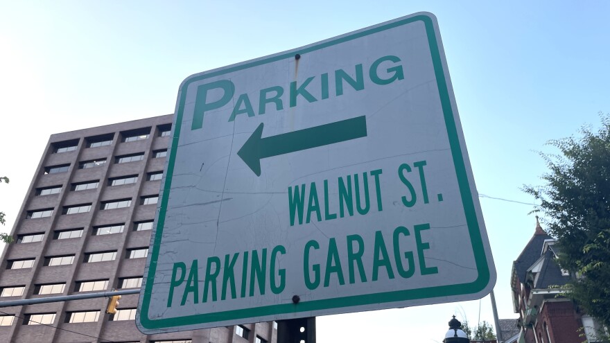Walnut Street Parking Garage Sign on North New Street