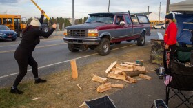 Striking workers outside Mack Trucks