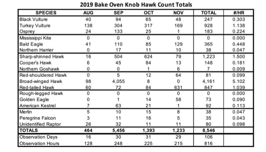 2019 Bake Oven Knob Hawk Count Totals