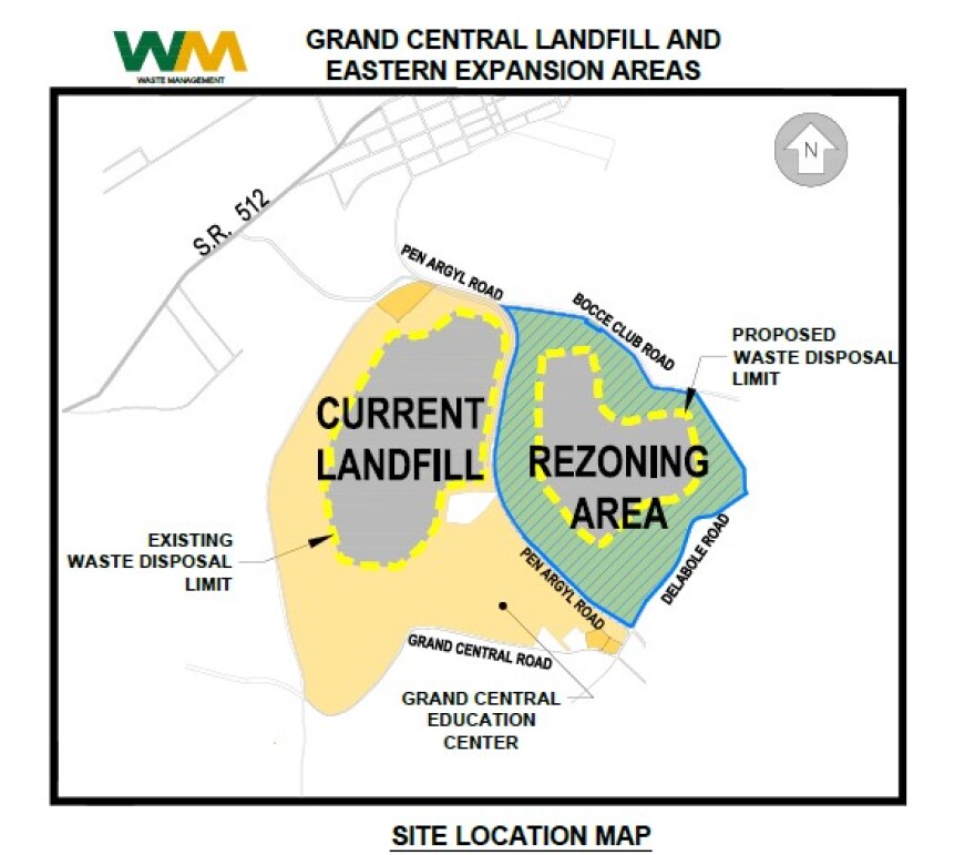 a map of the current Grand Central Landfill on on the left, touching the proposed expansion on the right. It looks sort of like a misshapen pair of lungs.