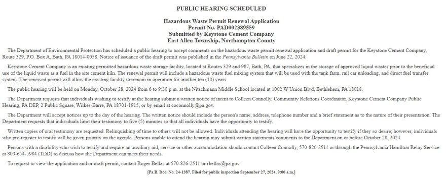 Public Hearing Notice: Keystone Cement Co.