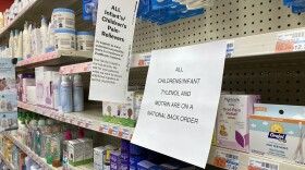 A sign is placed near the section for children's medicine, Sunday, Dec. 18, 2022 at a CVS in Greenlawn, N.Y. Caring for a sick child has become even more stressful than usual for many U.S. parents in recent weeks due to shortages of Children’s Tylenol and other medicines.