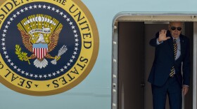 President Biden waves from Air Force One on July 6, 2023 at Andrews Air Force Base, Md., before flying to South Carolina.