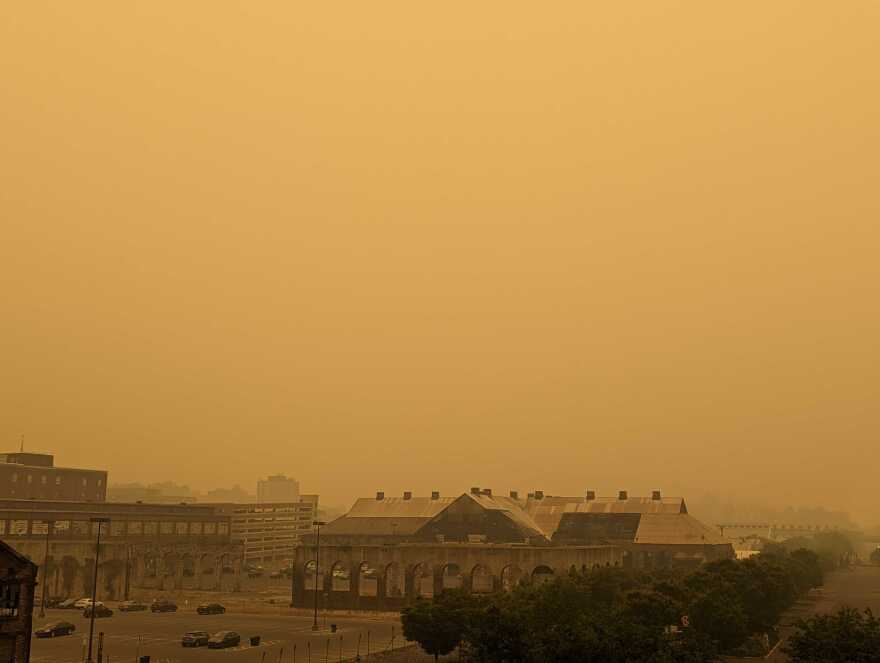 A thick haze and smoke blankets Bethlehem in early afternoon.