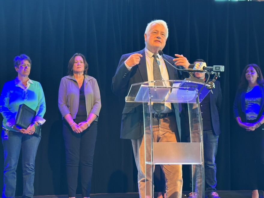 State Rep. Steve Samuelson speaks at a news conference at Musikfest Cafe at ArtsQuest Center in Bethlehem