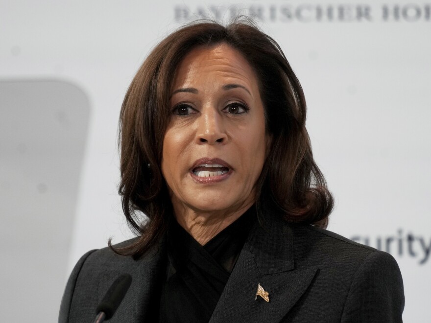Vice President of the United States Kamala Harris speaks at the Munich Security Conference in Munich, Saturday, Feb. 18, 2023. The 59th Munich Security Conference (MSC) is taking place from Feb. 17 to Feb. 19, 2023 at the Bayerischer Hof Hotel in Munich.