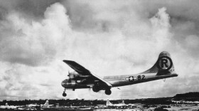 In this Aug. 6, 1945 file photo, the "Enola Gay" lands at Tinian, Northern Mariana Islands, after the U.S. mission against Hiroshima. Enola Gay dropped the 4-ton "Little Boy" uranium bomb on the city.