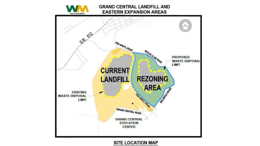 a map of the current Grand Central Landfill on on the left, touching the proposed expansion on the right. It looks sort of like a misshapen pair of lungs.