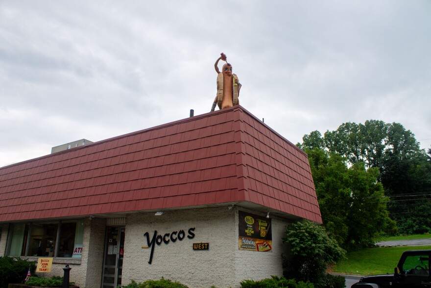 The Yocco's hotdog statue, on one of the first days of his new life on the roof of the Hamilton St. location