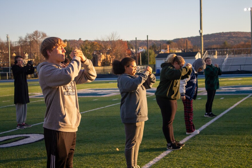 Moravian marching band students practicing
