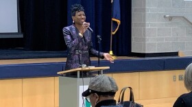 Acting Allentown Schools Superintendent Carol Birks pumps up forum participants at the start of meeting..jpg