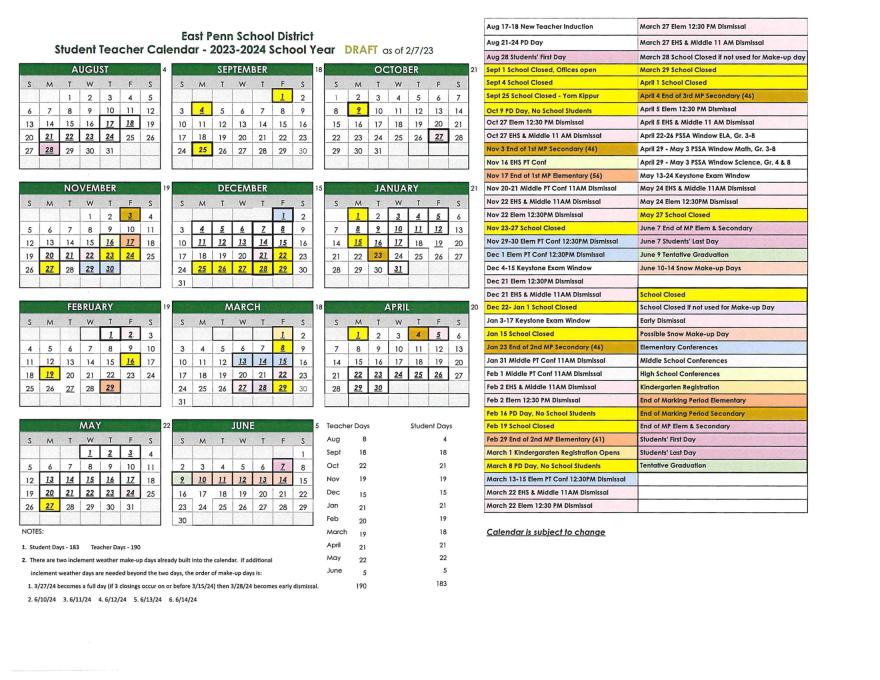 East Penn 2023-2024 Student Teacher Calendar Draft