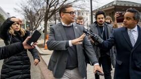 Rep. George Santos, R-N.Y., leaves a House GOP conference meeting on Capitol Hill in Washington, D.C., Wednesday, Jan. 25.