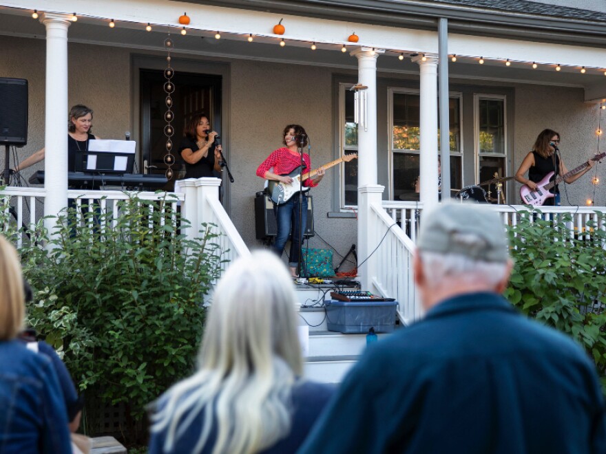 The Lazy Susans from left to right: Imge Ceranoglu, Leila Mitchell, Joanna Weiss, Martha Kennedy, and Heather Shaw, at Milton Porchfest, 2022.