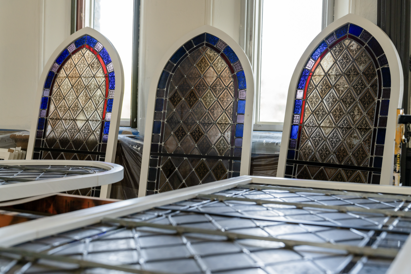 Stained glass windows salvaged as part of Packer Hall renovation