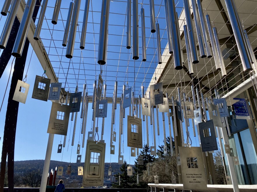 Bethlehem tree -- ornaments and windchimes hung on the trellis of Payrow Plaza.jpeg