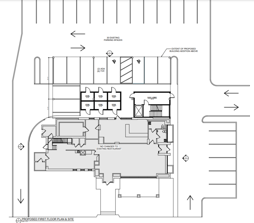 Overhead view of restaurant and apartments at theMINT property