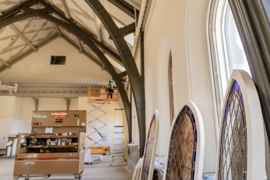 Stained glass windows salvaged as part of Packer Hall renovation
